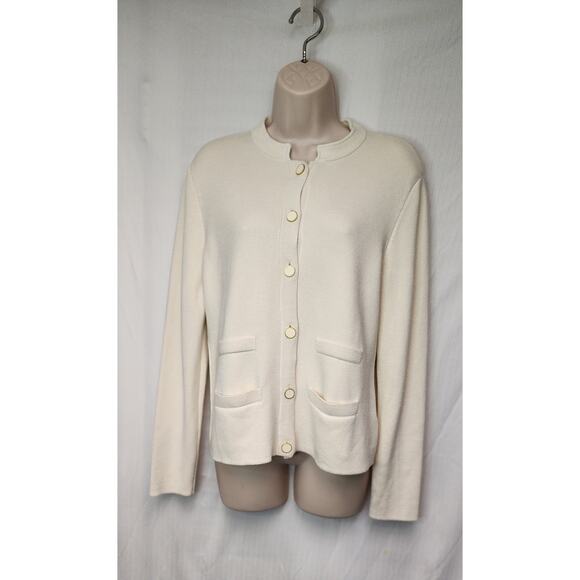 Talbots Women's Knit Cardigan Sweater Pockets Collarless Long Sleeve PM Ivory - Picture 2 of 7